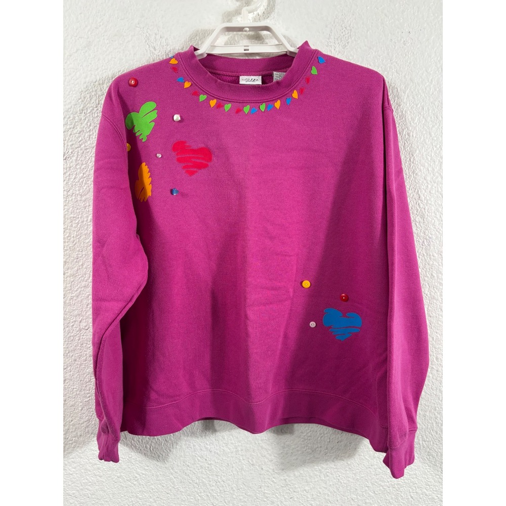 Vintage Grannycore Cottagecore Pink Heart Rainbow Button Sweatshirt L